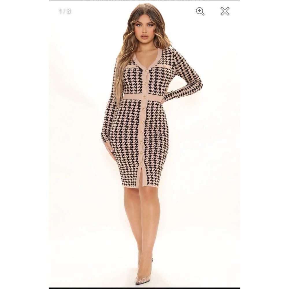 NEW Womens Houndtooth Patern Midi Dress Fashion Dress Outfit Elegant And‎ Warm